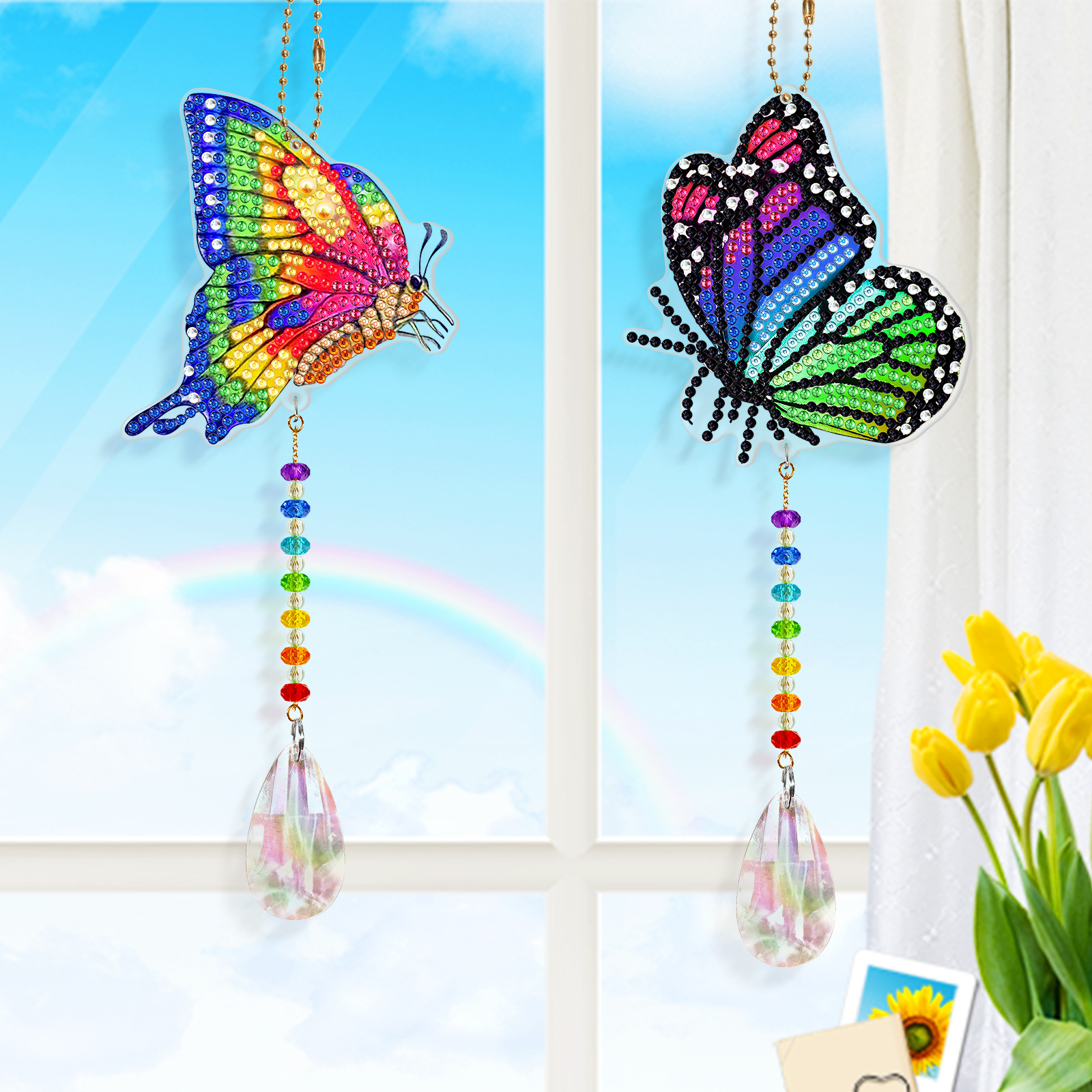 Accesorios para pintura de diamantes DIY: Llavero colgante de mariposa con diamantes de imitación, edición de primavera, pintura decorativa de doble cara, disponible para distribución y venta al por mayor