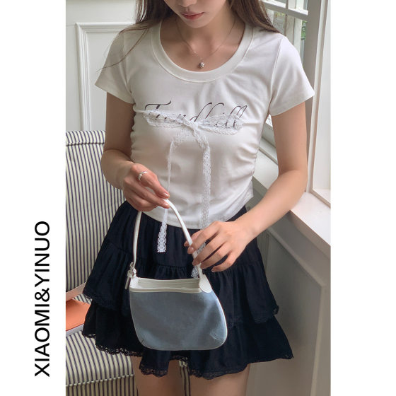 [Oufan] Spice Girl Style Lace Bow Short T-shirt Women's 2024 Summer New Short-sleeved Shirt 9884