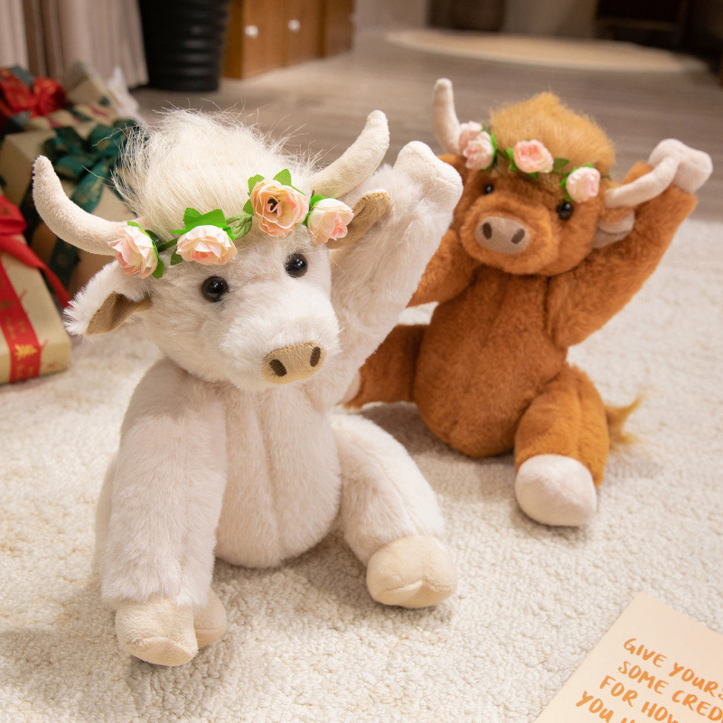 跨境HighlandCow仿真苏格兰高地牛关节活动毛绒公仔长毛发声牦牛