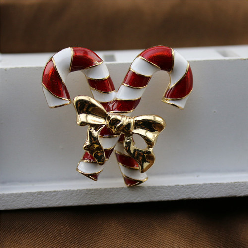  New Handmade Oil-Drip Christmas Cane Brooch Gold Bow Enamel Corsage Christmas Gift