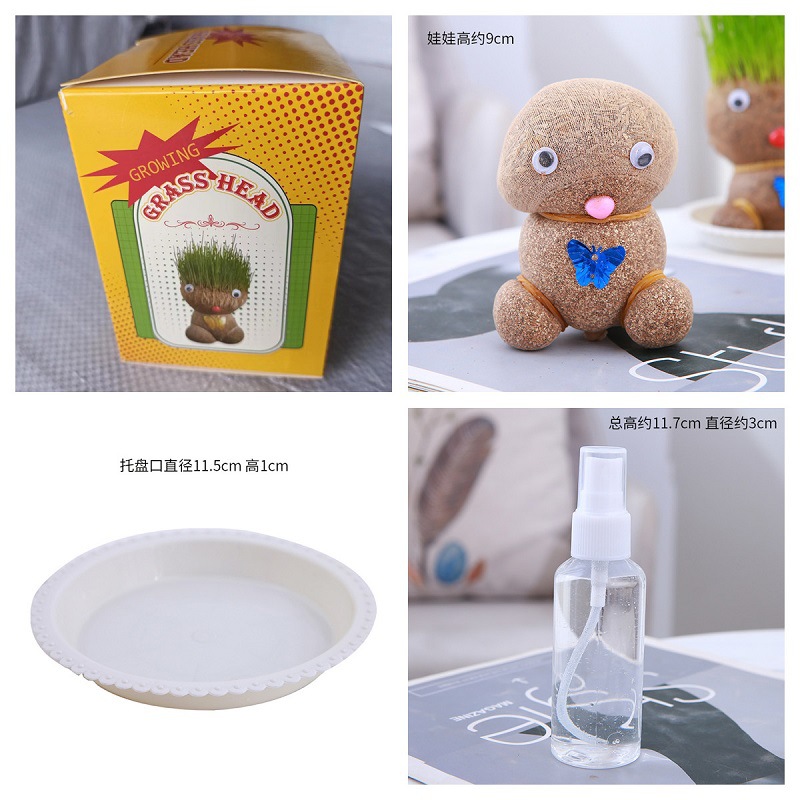 Muñeco de cabeza de hierba con planta verde, regalo creativo