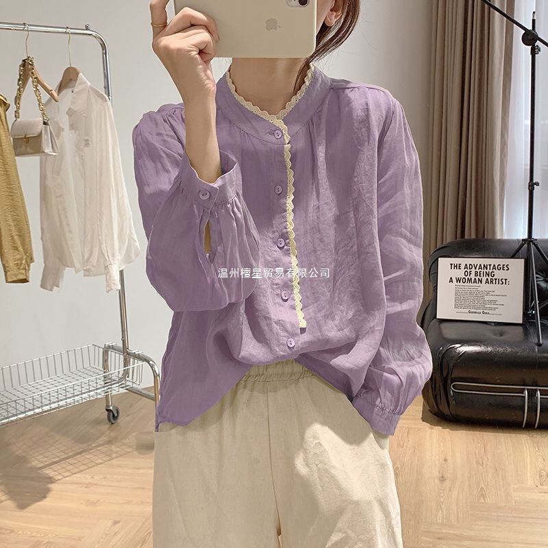 Original Japanese Export Clearance Stock, Big Brand Japanese-Style Lace Ramie Shirt for Women, Summer Loose Long-Sleeve Cotton-Linen Top Original Japanese Export Clearance Stock, Big Brand Japanese-Style Lace Ramie Shirt for Women, Summer Loose Long-Sleeve Cotton-Linen Top