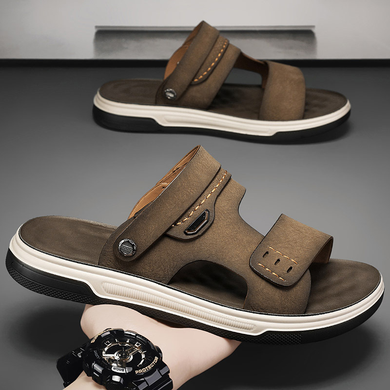 Summer New Men's High-End Leather Sandals, Soft Sole, Deodorant and Breathable Two-Wear Flip-Flops, Outdoor Beach Shoes