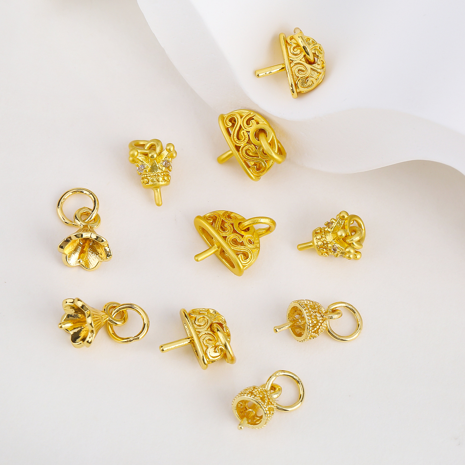 黄铜18k金色古法保色粘扣半扣小扣头水晶蜜蜡吊坠扣diy手工串珠