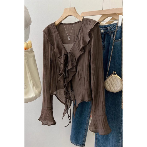 French High-End V-Neck Edge Hemming Thin Drum Sleeve Strap Chiffon Shirt
