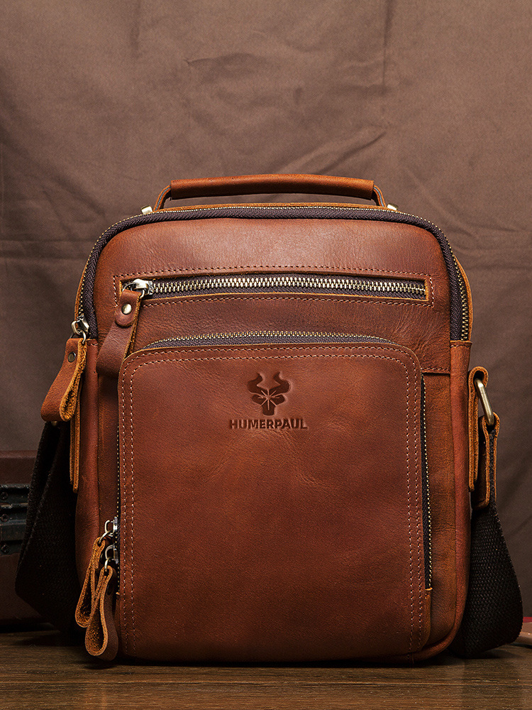 Bolso de hombro Hummer Paul de cuero genuino para hombre, bandolera de cuero Crazy Horse de primera capa, mochila de viaje con textura vintage.