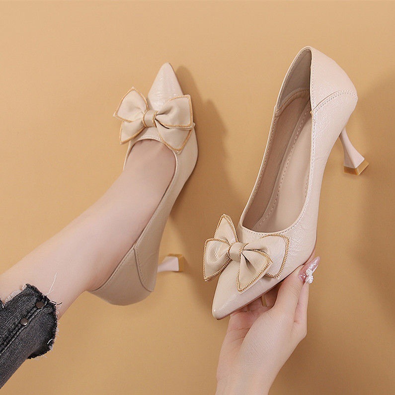 French-Style Bow Commuter High Heels for Women 2026 Spring and Autumn New Stiletto Elegant Socialite Pointed Toe Work Shoes for Women