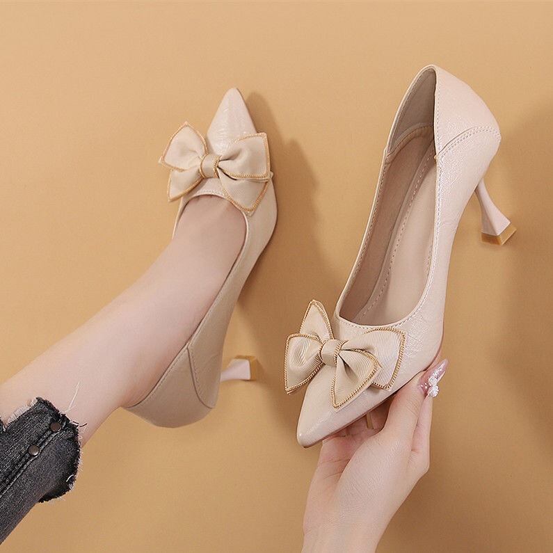 French-Style Bow Commuter High Heels for Women 2026 Spring and Autumn New Stiletto Elegant Socialite Pointed Toe Work Shoes for Women