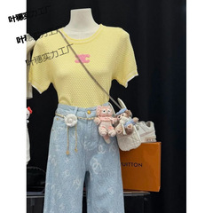 トレンディなコントラストカラー刺繍薄手セーターTシャツ、ファッショナブルで軽い高級韓国風ニッチ半袖トップス、女性用夏