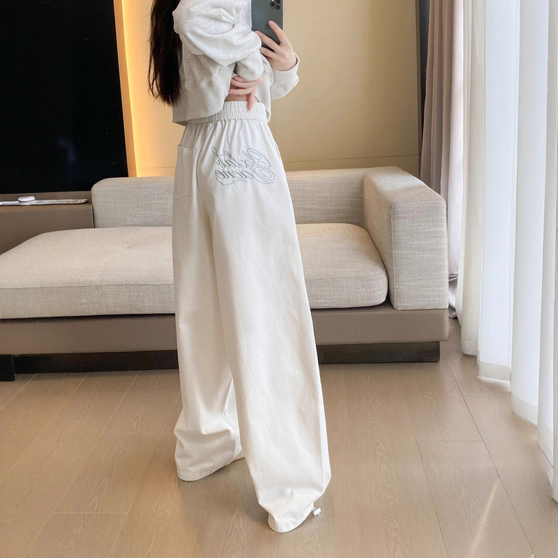 American-Style Street Embroidered Drawstring Dance Sweatpants, Trendy Loose Slimming Straight-Leg Casual Pants with High Waist