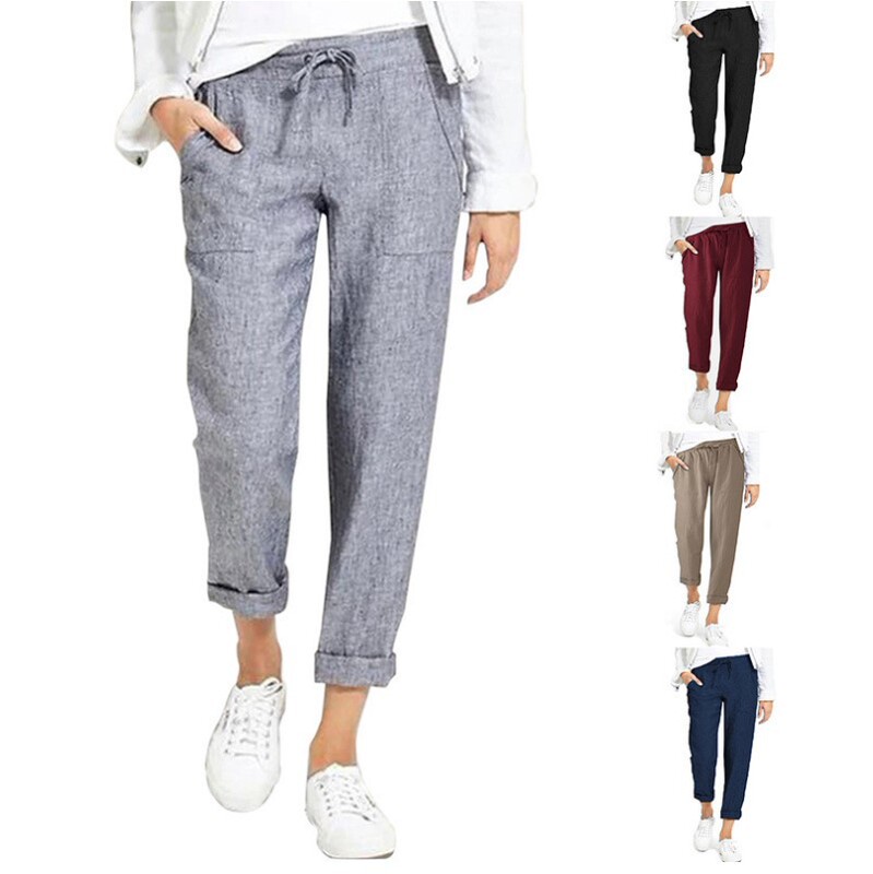 2025 Amazon Ebay Aliexpress Export Drawstring High Waist Flap Pocket Pants Loose Large Size Cotton and Linen Casual Pants for Women in Stock