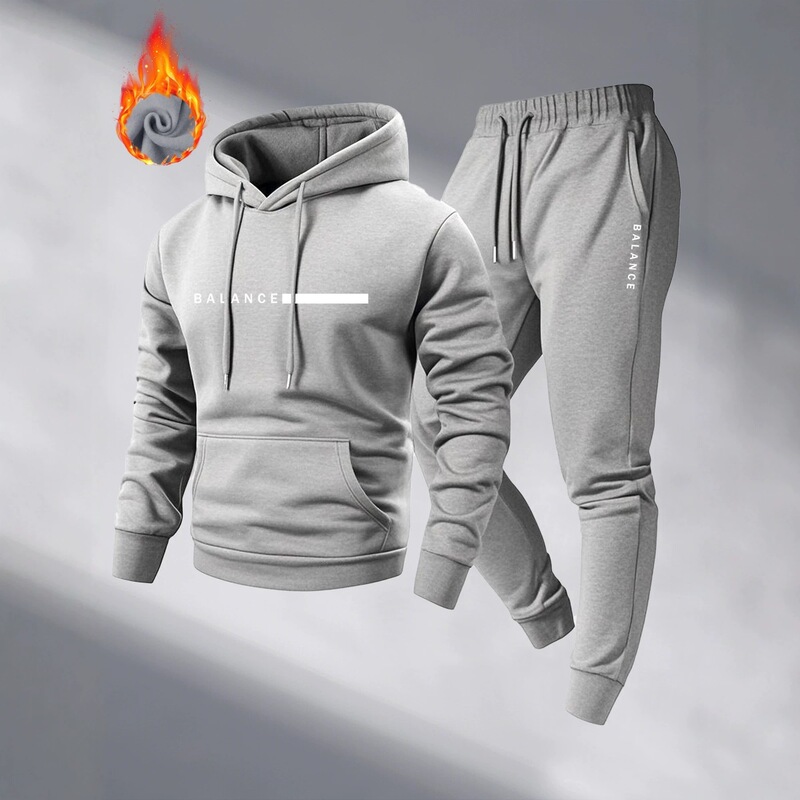 Spring and autumn fleece-lined hooded sweatshirt set for men, BALANCE letter print, warm, sporty and casual, two-piece set