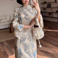 2025 蝴蝶引-秋季新款复古新中式蝴蝶印花改良旗袍文艺国风长裙子