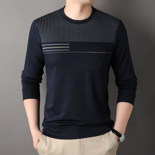 Dad wear real pocket spring and autumn long sleeve middle-aged and elderly men's casual round neck bottoming shirt striped T-shirt top