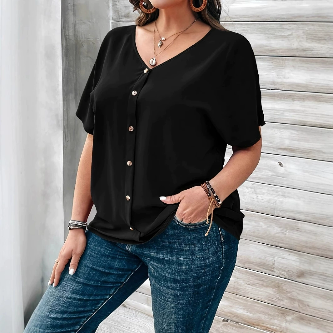 25 европейских и американских женских трансграничных товаров: футболка-пуловер с V-образным вырезом, короткий рукав, однобортная, свободного кроя, элегантная и изящная, для Amazon