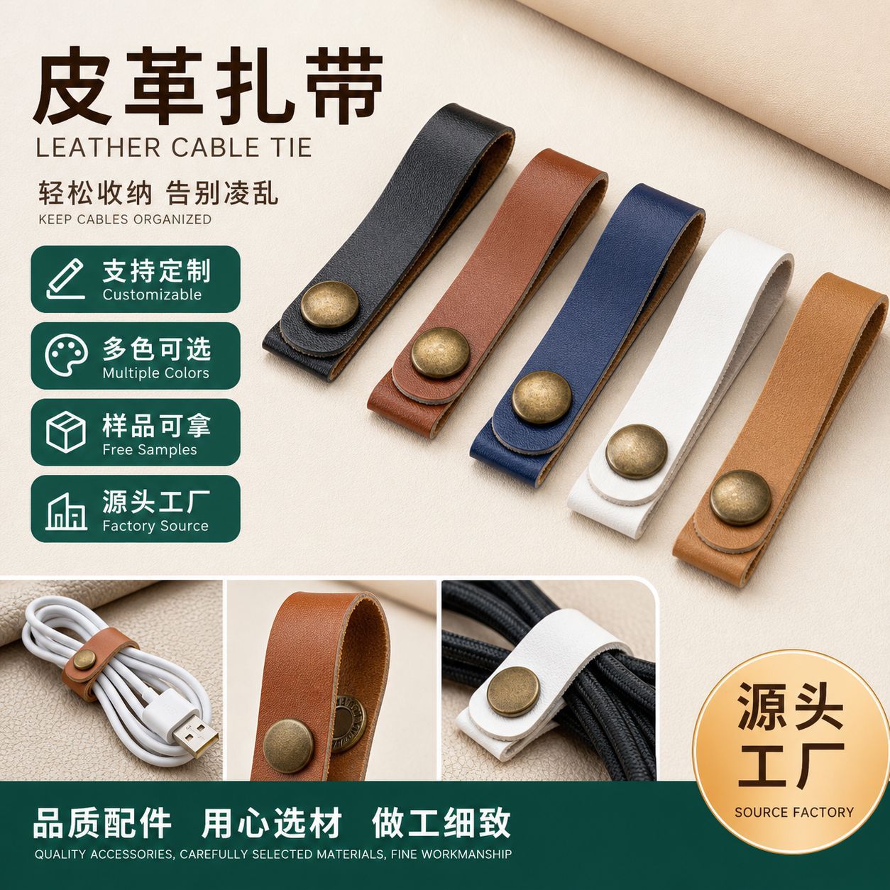 PU收纳皮扣耳机数据绕线器USB充电线钉扣式牛皮扎带皮革扎带定制
