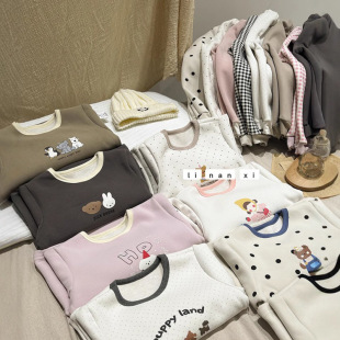 Boys and Girls Glutinous Rice Velvet Composite Silk Wool Home Clothes Set 24 New Cartoon Bottoming Tops and Pants 82529