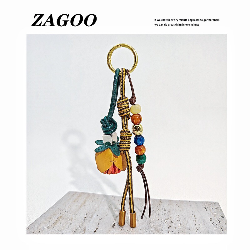 Cross-Border Retro High-End Style Bag Charm with Tassels, Floral Leather Women's Bag Pendant, Beaded Woven Keychain