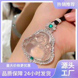 批发天然高冰种笑佛大肚佛公玉石吊坠镀银镶嵌白玉髓吊坠直播货源