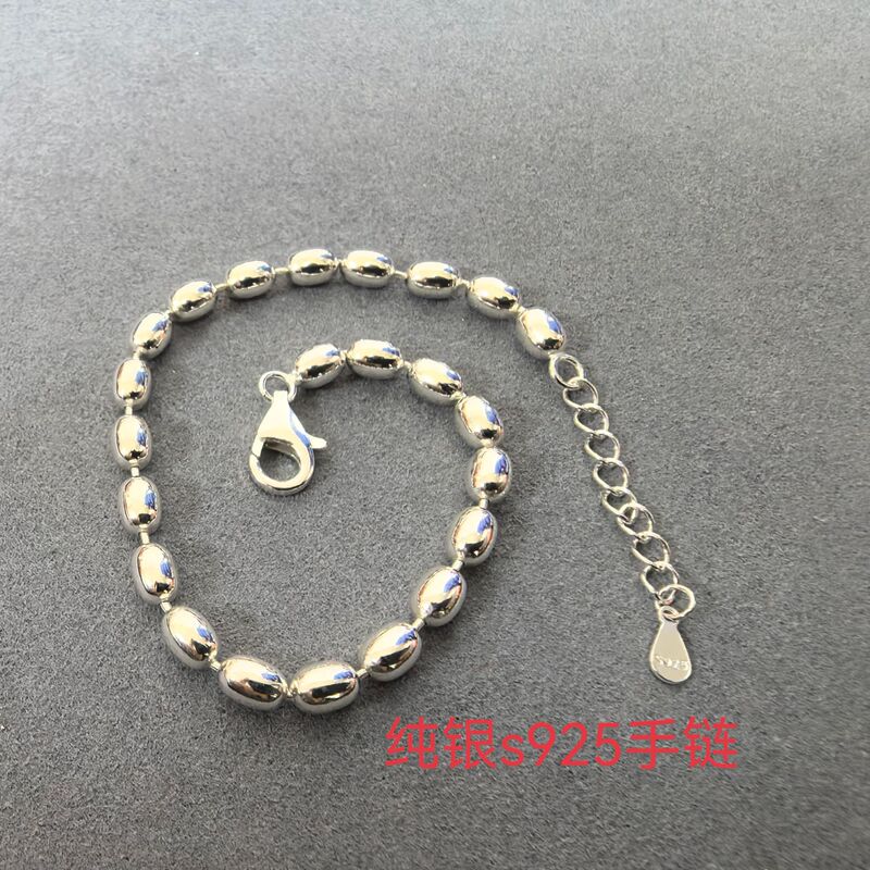 S925 Sterling Silver Rice Grain Olive Bracelet for Women, Accessible Luxury, High-End Niche Design, Simple and Versatile Glossy Rice Bead Bracelet