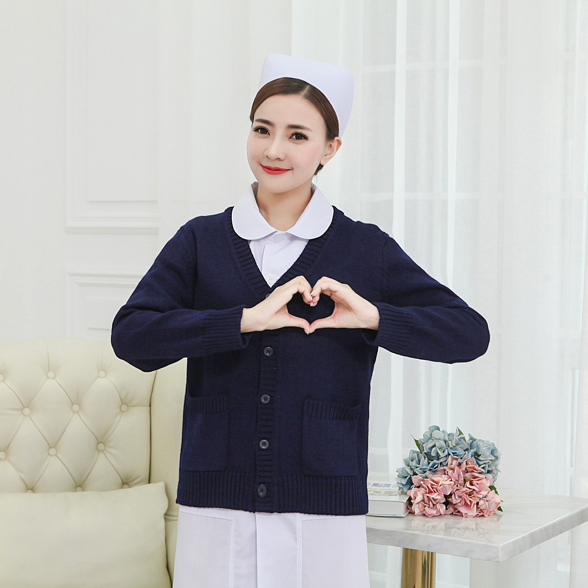羊毛衫护士毛衣外套开衫女外穿修身加厚冬季藏蓝针织衫