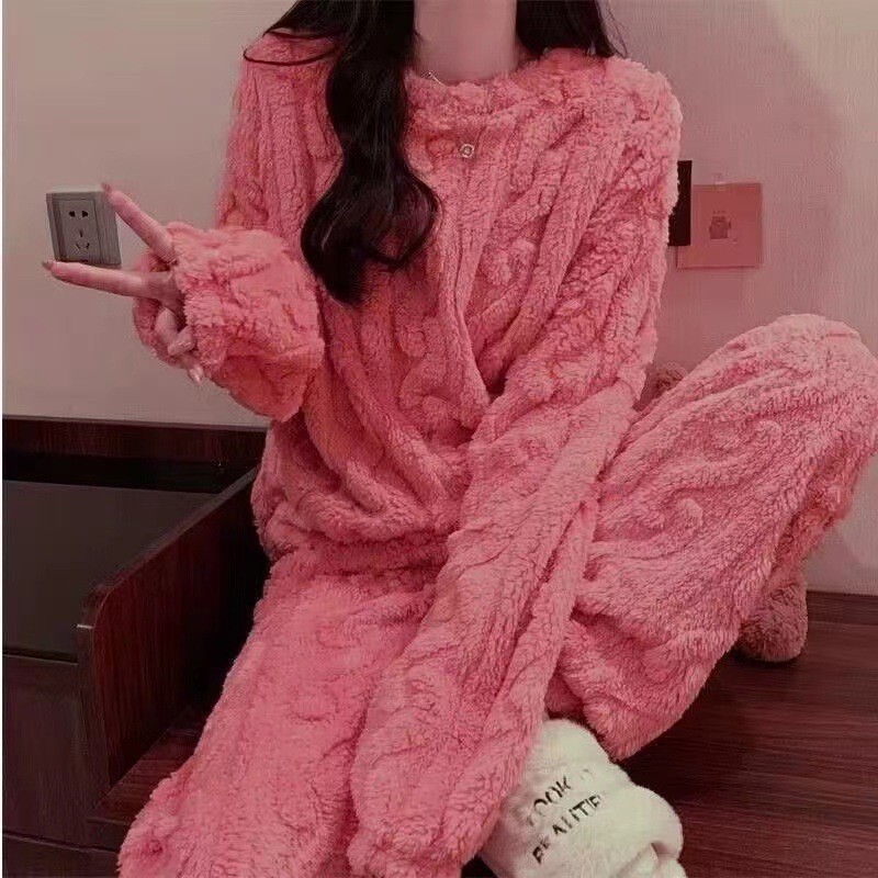 秋冬款珊瑚绒提花套装睡衣家居服女加绒加厚保暖套装长袖长裤套装|undefined