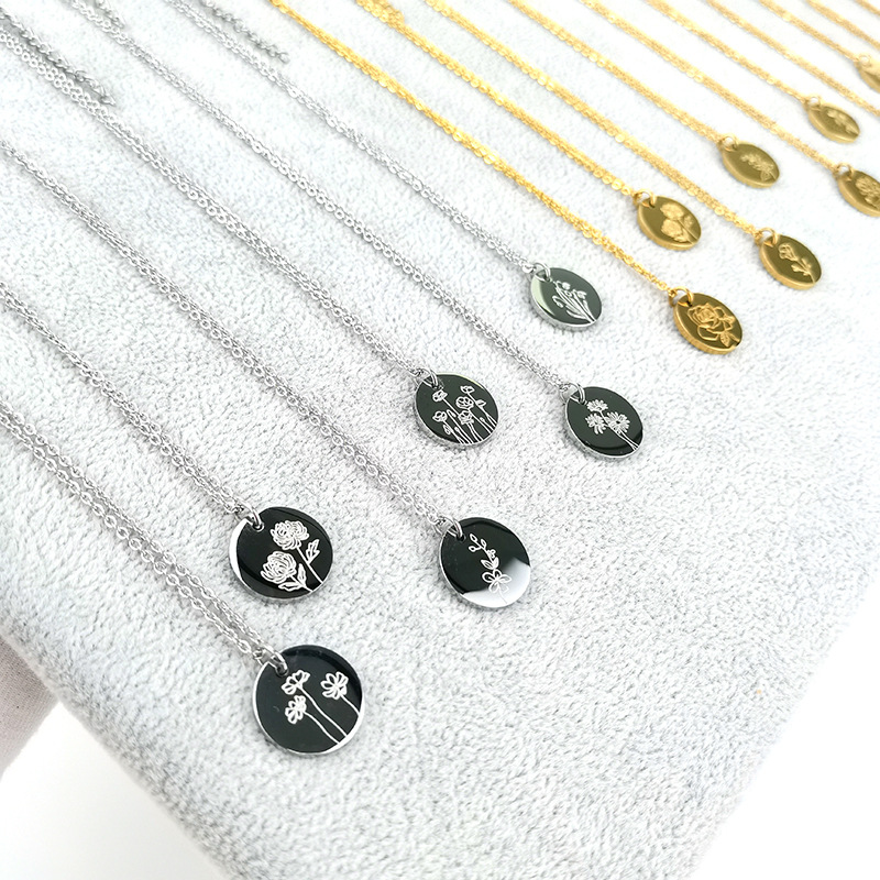跨境热销高抛光十二月花吊坠项链钱币圆牌月份花钛钢镀金锁骨链女