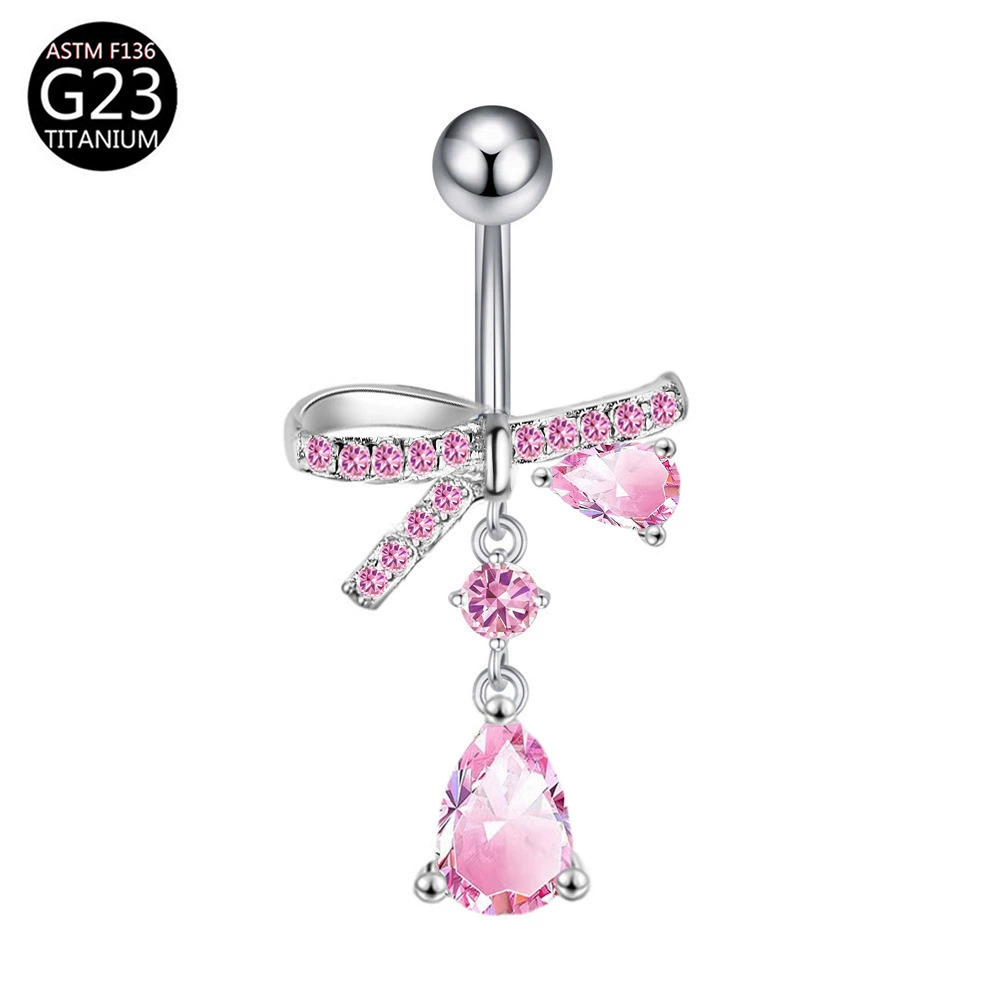Fuchsia belly button piercing with bow, pendant drop-shaped, European style