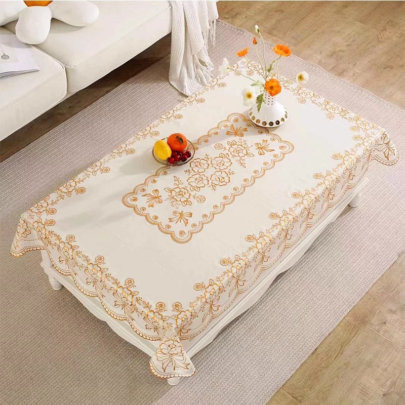 Tapis de table rectangulaire imperméable, résistant à l'huile, infroissable et résistant à la chaleur, en plastique, avec revêtement doré, idéal pour le salon._voghion.com