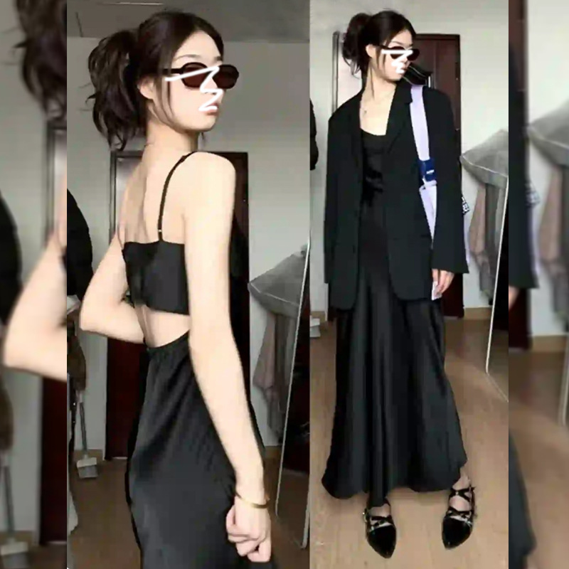 High-end sense black sexy hot girls backless suspenders dress children autumn 2024 new suit dress suit