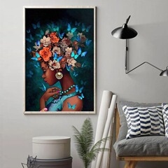 Cross-border African black girl flowers butterflies living room bedroom background wall decoration canvas core hanging painting wholesale