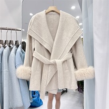 斯卡露2025新款秋冬中长款毛呢大衣高级狐狸毛纯色斗篷毛呢外套