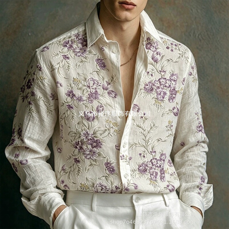 2026 Cross-Border Asia Independent Site Amazon Men's New 3D Digital Print Vintage Floral Casual Long Sleeve Shirt