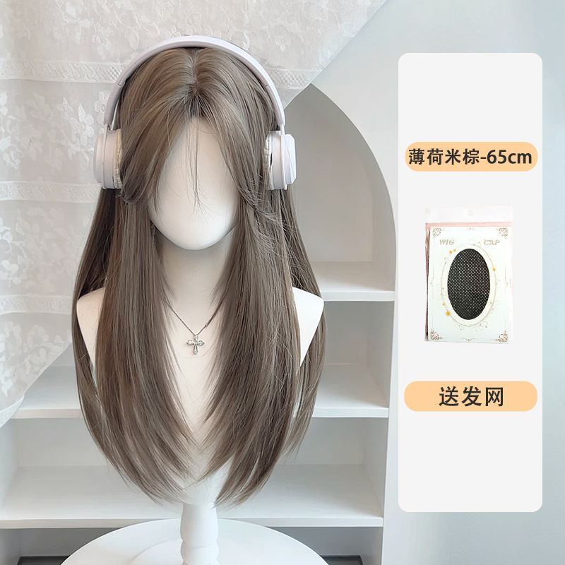 【松月】薄荷米棕假发女长发中分高层次长直发韩系氛围感全头套式|undefined