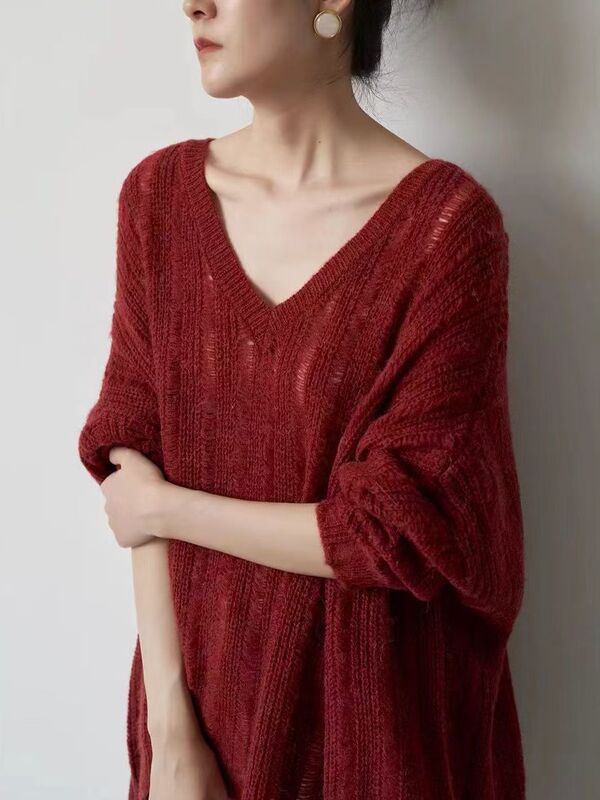 春秋季新款慵懒风针织毛衣女宽松外穿镂空鸡心领休闲显瘦打底衫薄|undefined