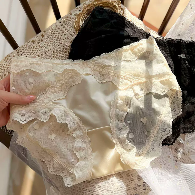 法式中腰女士半透明镂空薄款性感拼接网纱纯欲风纯色舒适女三角裤