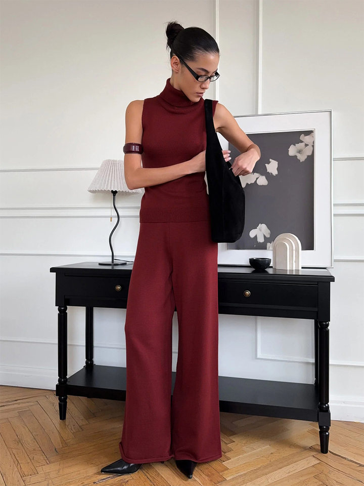 Bộ áo len nữ cổ cao không tay phối quần ống rộng dáng suông — Rượu vang đỏ, màu cà phê, màu nâu, màu xám