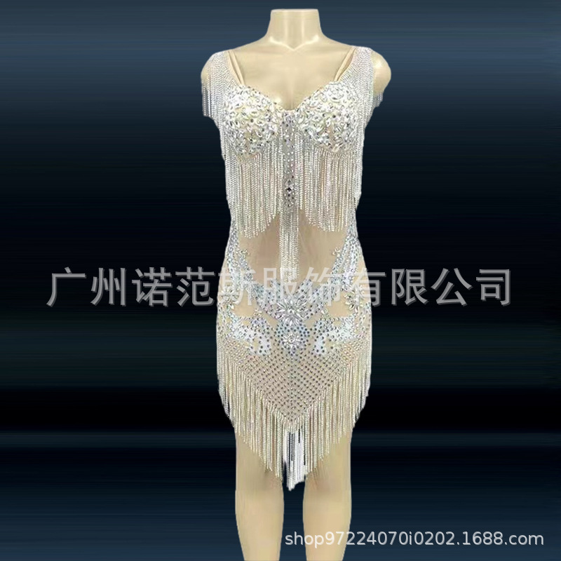 New Fashion Women's Glitter Diamond Tassel Sexy Dress Prom Party Low-cut Sexy Club Costume