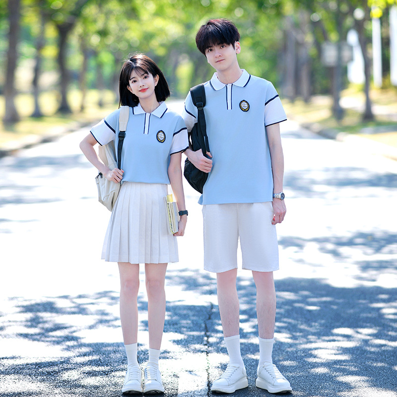 Class Uniform, College Style Suit, Summer Student Campus Blue Short-Sleeved Polo Lapel Graduation Photo, Sports Meeting Performance Uniform