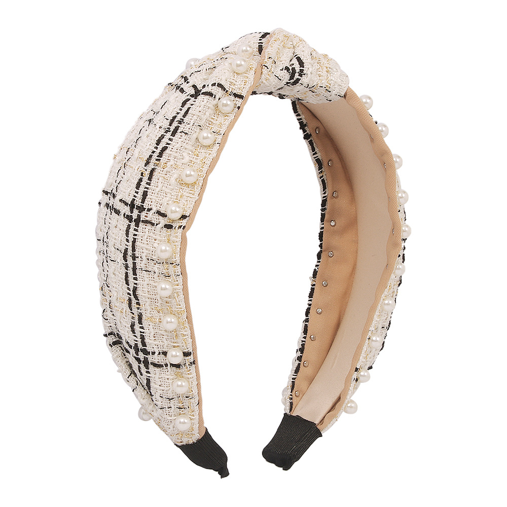 Jewelry Fabric Simple Inlaid Pearl Knot Contrast Color Plaid Headband display picture 5