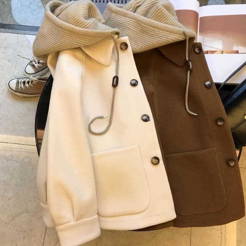 Fashion Faux Two-Piece Plus-Size Autumn and Winter Patchwork Pocket New Top Knitted Hooded Coat Woolen Coat for Women