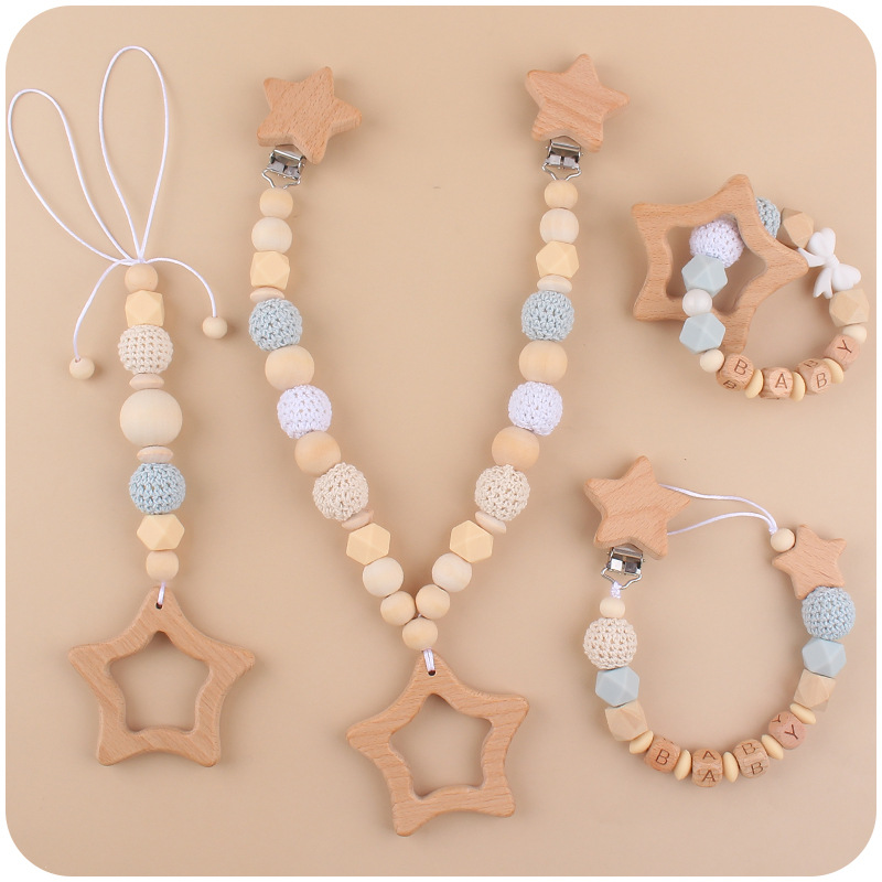 Bebé de dibujos animados de haya estrella mordedor juguete creativo DIY silicona chupete cadena pulsera coche colgando conjunto de cuatro piezas