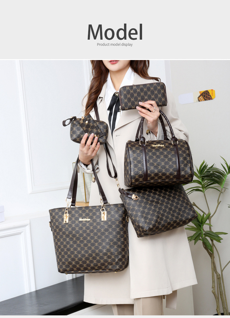1518g Weight Women's Pu Leather Monogram Classic Style Bucket Zipper Bag Sets