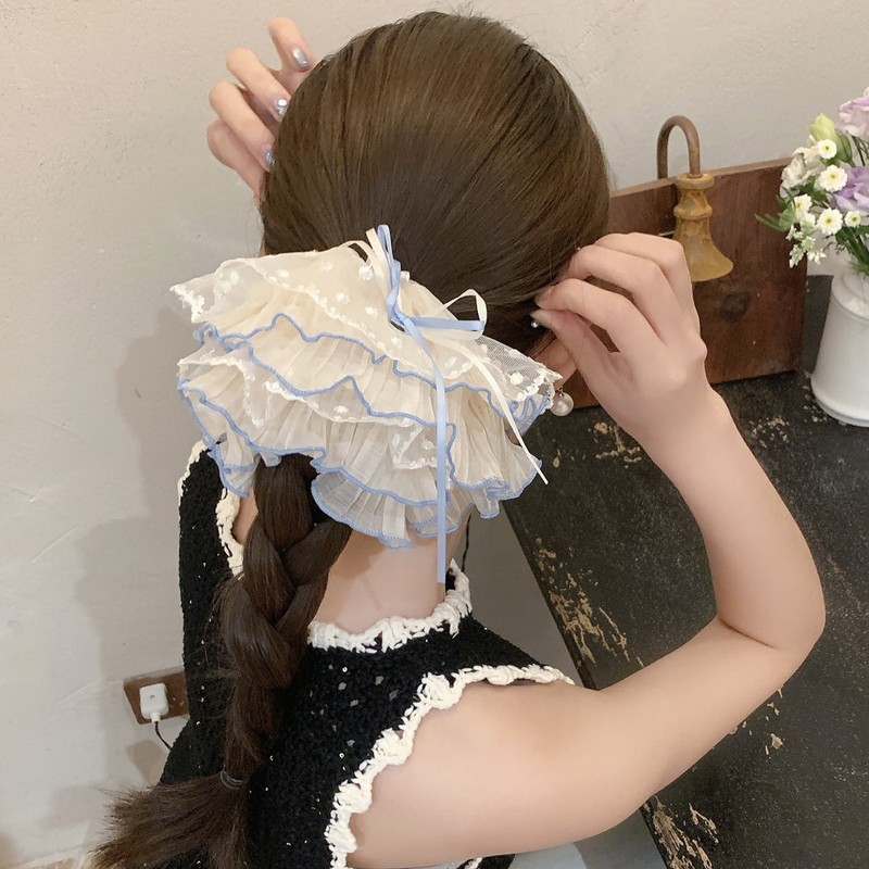 甘いレースメッシュリボン二層大腸ヘアゴム女性のヘアボールヘアロープサイドローポニーテールヘアロープ|undefined