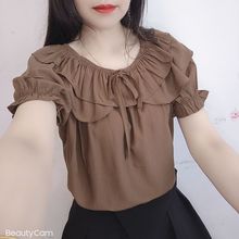 时尚气质荷叶边一字肩雪纺衬衫女夏季新款宽松减龄显短袖t桖潮