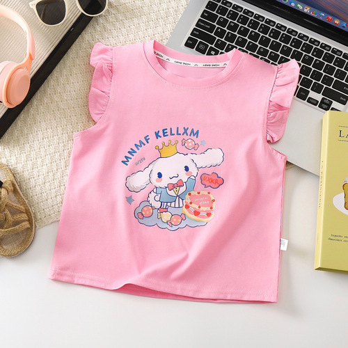 Summer New Pure Cotton Girls' Wing Sleeve T-Shirt Soft Breathable Sweat-absorbent Versatile Cute Fashion T-shirt