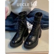 牛皮~高跟马丁靴女英伦2025秋冬新款真皮靴子粗跟瘦瘦靴厚底短靴