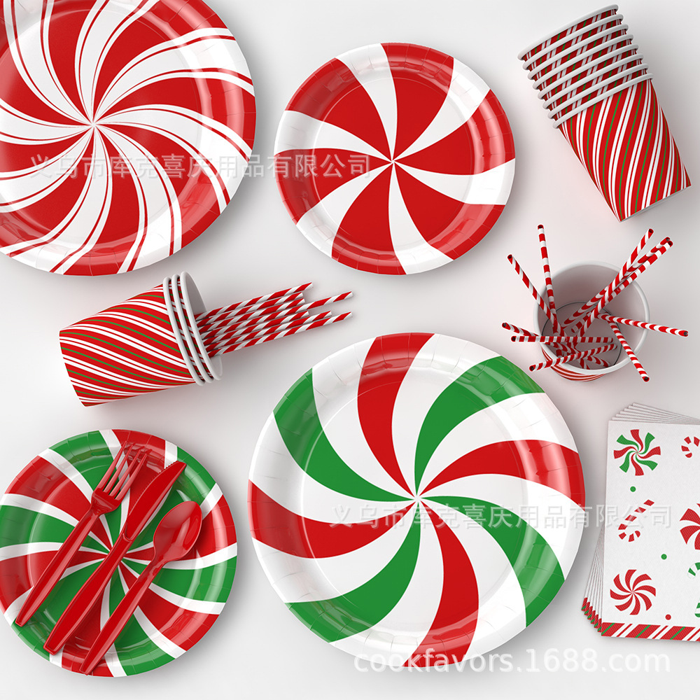 Decoración de fiesta de Navidad transfronteriza Candy de Navidad bandeja de papel desechable toallas de papel tazas y cubiertos set