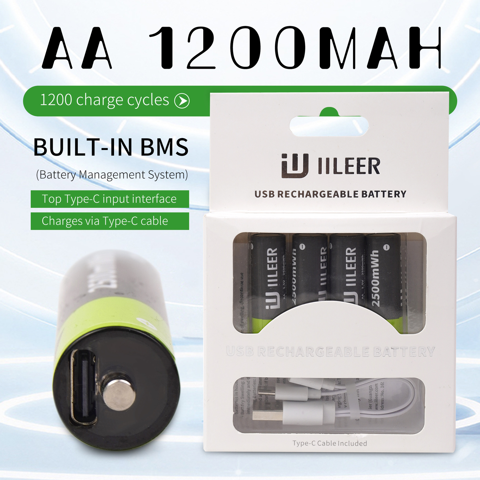 外贸批发AA可充电锂电池1.5V 1200mAh 2500mWh高容量可Type-C充电