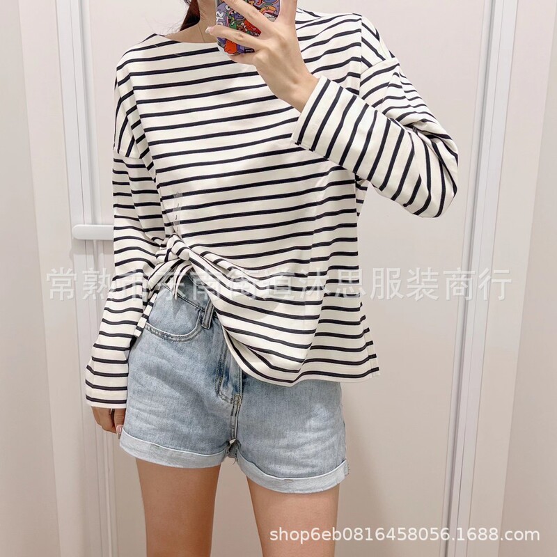 Autumn 22 Women's Stripesd T-Shirt (Long-Sleeved One-Line Collar Boat Collar Nautica Style Off-Shoulder Top) 449874